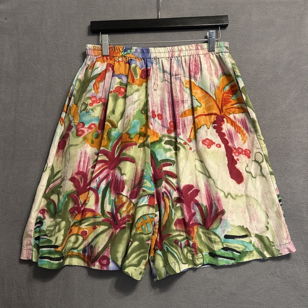 VTG Carole Little 100% Silk Bermuda Shorts Size 14 Tropical Elastic Waist Summer
